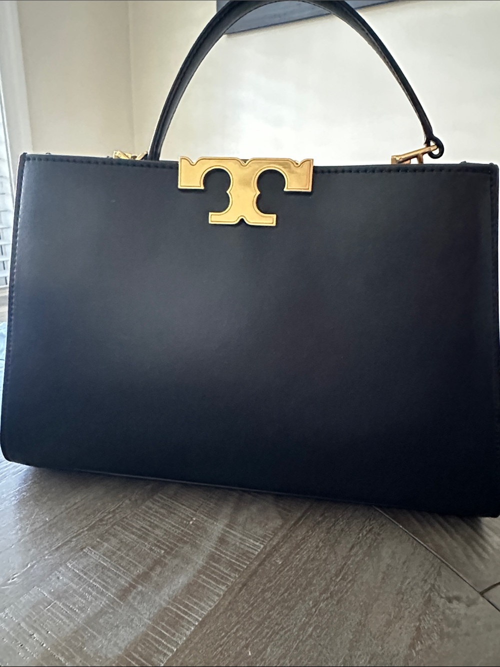 Tory Burch Black Leather Satchel with Gold Logo Hardware